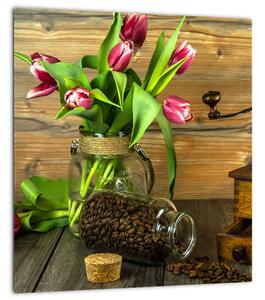 Obraz - tulipány, mlýnek a káva (30x30 cm)