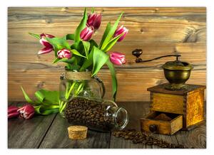 Obraz - tulipány, mlýnek a káva (70x50 cm)