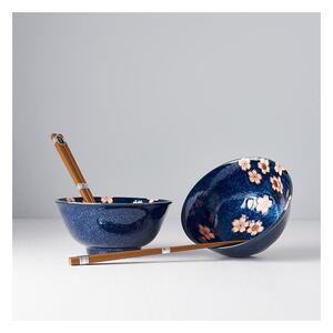 Set 2 modrých keramických misek a jídelních hůlek MIJ Pink Sakura