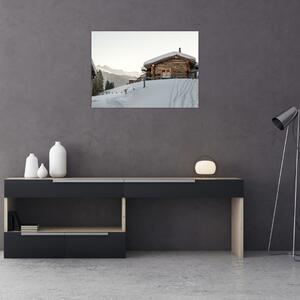 Obraz - horská chata ve sněhu (70x50 cm)
