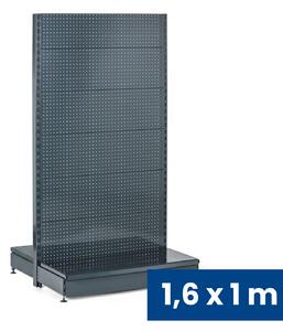 Prodejní regál oboustranný, perfo stěny, 1600 x 1000 x 900 mm, základní, antracit