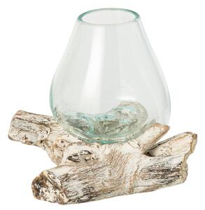 Skleněná váza z recyklovaného skla na dřevu Gamal White M - 20*20*20 cm - J-Line by Jolipa