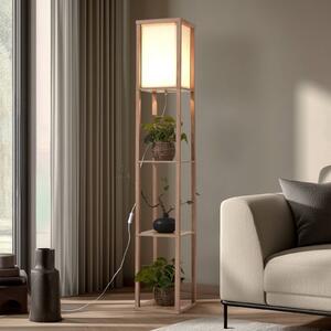 Lindby stojací lampa Birta, barva dřeva/bílá, police, dřevo, Světlé dřevo, Obývací pokoj / jídelna, Dřevo, Moderní