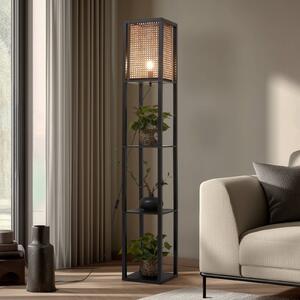 Lindby stojací lampa Birta, černá/přírodní, police, ratan, Černá, Obývací pokoj / jídelna, Dřevo, Moderní