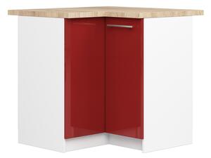 Rohová kuchyňská skříňka OLIVIA – 90cm | Bílá / Červená lesklá / Dub Sonoma