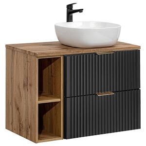 Koupelnová skříňka ADEL BLACK 80cm s deskou, umyvadlem a regálem Dub Wotan