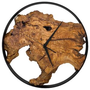 Dřevěné hodiny -45cm, přírodní dřevo - oliva, černý kovový rám (45B42)