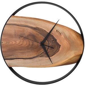 Dřevěné hodiny -45cm, přírodní dřevo - ořech, černý kovový rám (45B36e)