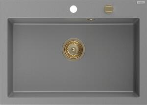 Mexen Elix, 1-korový granitový dřez 700 x 500 mm, šedá, zlatý sifon, 6526701005-71-G