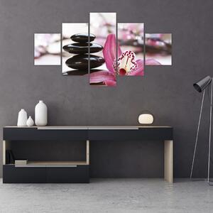 Obraz masážních kamenů a orchidee (125x70 cm)