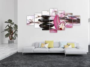 Obraz masážních kamenů a orchidee (210x100 cm)