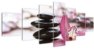 Obraz masážních kamenů a orchidee (210x100 cm)