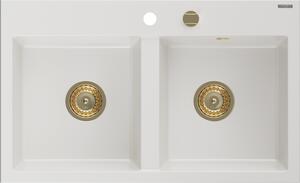 Mexen Hektor, 2-komorový granitový dřez 800x480x205 mm, bílá, zlatý sifon, 6521802000-20-G