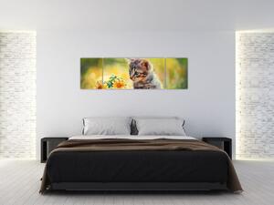 Obraz koťátka dívající se na květinu (170x50 cm)