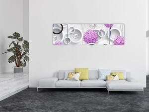 Obraz 3D abstrakce s kruhy a květinami (170x50 cm)