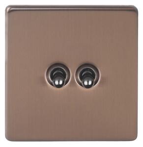 Páčkový vypínač TOGGLE - 2-modulový schodišťový (č.6); jednosměrný (č.1) 10A 1-pólový BEZŠROUBKOVÉ - kartáčovaný bronz / černé (lesklé) iridium