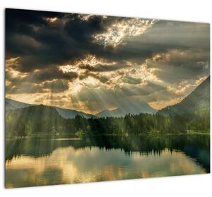 Obraz jezera s průsvitajícím sluncem (70x50 cm)