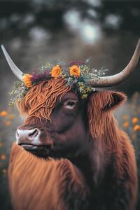 Umělecká fotografie Highland Cow With Flowers, Treechild, (26.7 x 40 cm)