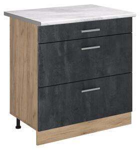 Spodní skříňka kuchyňské linky Vicco R-Line Černý beton/Zlatý mocný dub 80 cm se 3 zásuvkami pracovná doska Mramor, Model 72454