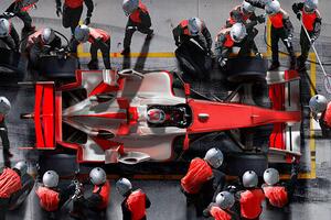 Umělecká fotografie F1 pit crew working on F1 car., Jon Feingersh, (40 x 26.7 cm)