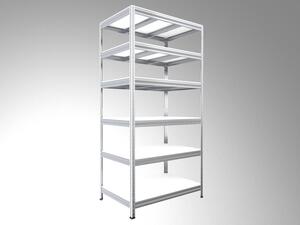 Regál do dílny Biedrax 35 x 75 x 210 cm, pozink, 6 polic bílé lamino 12mm, nosnost 300 kg na polici