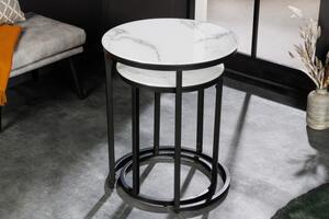 FurniGO Příruční stolek kulatý Elegance sada 2 ks mramorový vzhled bílý, černý rám