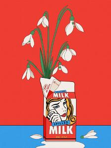 Ilustrace Snowdrops in Spilled Milk Carton Retro Illustration, Retrodrome, (30 x 40 cm)