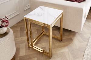FurniGO Příruční stolek Elegance sada 2ks mramorový vzhled bílý, zlatý rám