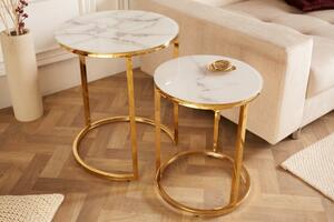 FurniGO Příruční stolek kulatý Elegance sada 2ks mramorový vzhled bílý, zlatý rám