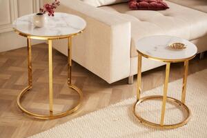 FurniGO Příruční stolek kulatý Elegance sada 2ks mramorový vzhled bílý, zlatý rám