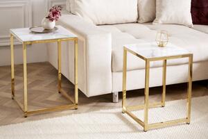 FurniGO Příruční stolek Elegance sada 2ks mramorový vzhled bílý, zlatý rám