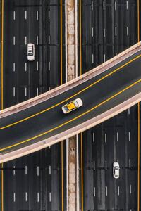 Umělecká fotografie Taxi on an overpass crossing above, Abstract Aerial Art, (26.7 x 40 cm)
