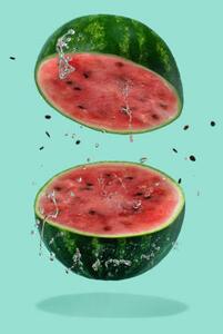 Umělecká fotografie Watermelon sliced flying on pastel green, Amax Photo, (26.7 x 40 cm)