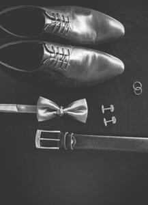Umělecká fotografie Black man's shoes, cufflinks, wedding rings,, Nadtochiy, (26.7 x 40 cm)