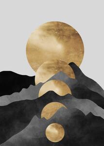 Ilustrace Abstract art golden mountains, traditional oriental, Luzhi Li
