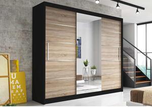 Moderní šatní skříň Alivia 250 cm, černá, dub sonoma se zrcadlem