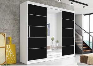 Moderní šatní skříň Alivia 250 cm, bílý korpus, černé se zrcadlem