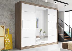 Moderní šatní skříň Alivia 250 cm, dub sonoma, bílé se zrcadlem