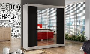 Prostorná šatní skříň 200 BULAN II, bílá s černými dveřmi a zrcadlem