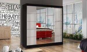 Praktická šatní skříň do ložnice 200 BULAN V, černá s bílými dveřmi a zrcadlem