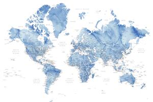 Mapa Watercolor world map with cities in muted blue, Vance, Blursbyai, (40 x 26.7 cm)