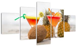 Obraz ananasů a sklenic na pláži (125x70 cm)