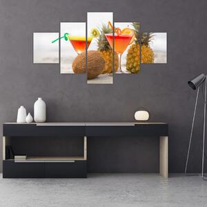 Obraz ananasů a sklenic na pláži (125x70 cm)