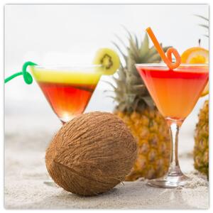 Obraz ananasů a sklenic na pláži (30x30 cm)