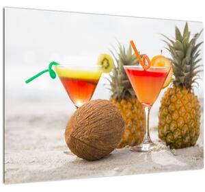 Obraz ananasů a sklenic na pláži (70x50 cm)