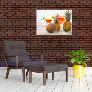Obraz ananasů a sklenic na pláži (70x50 cm)