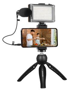 Sada pro živé vysílání Puluz držák na stativ + LED lampa + mikrofon + svorka na telefon
