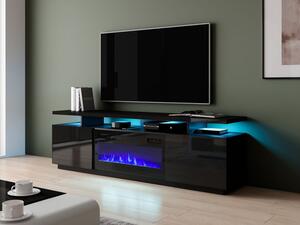 Televizní stolek s krbem a LED osvětlením SALTA - lesklý černý / černý