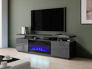 Televizní stolek s krbem SALTA - grafitový / lesklý grafitový / černý