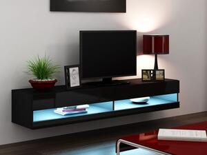 TV stolek s LED bílým osvětlením 180 cm ASHTON 1 - černý / lesklý černý